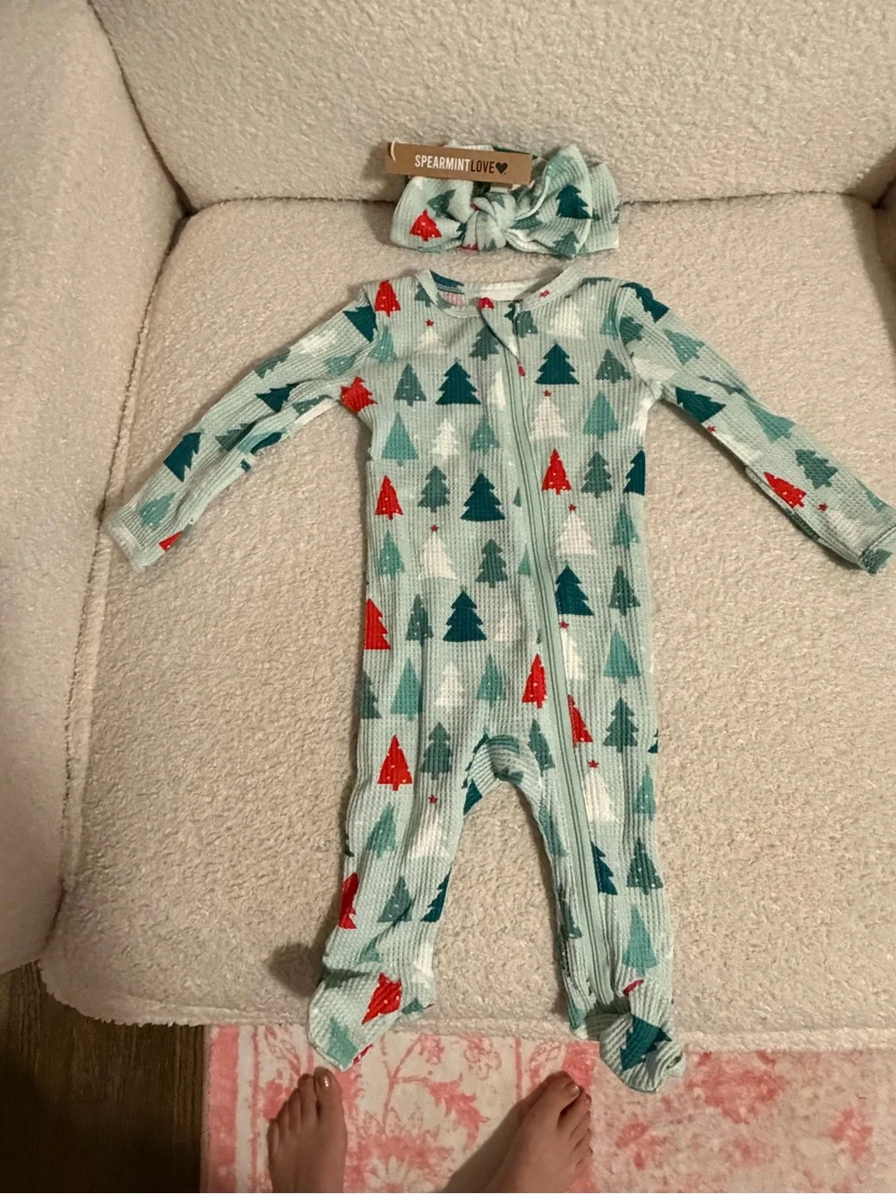 Spearmint Love Holiday Tree Print One-Piece with Headband - Green & Red